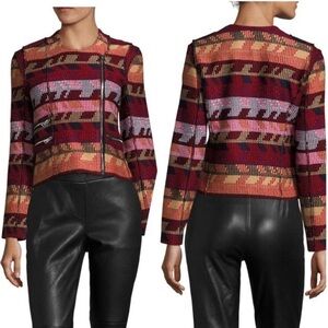 Maje Paris Red Multi Woven Tapestry Vanda Jacquard Moto Jacket NWT Size 40/Large